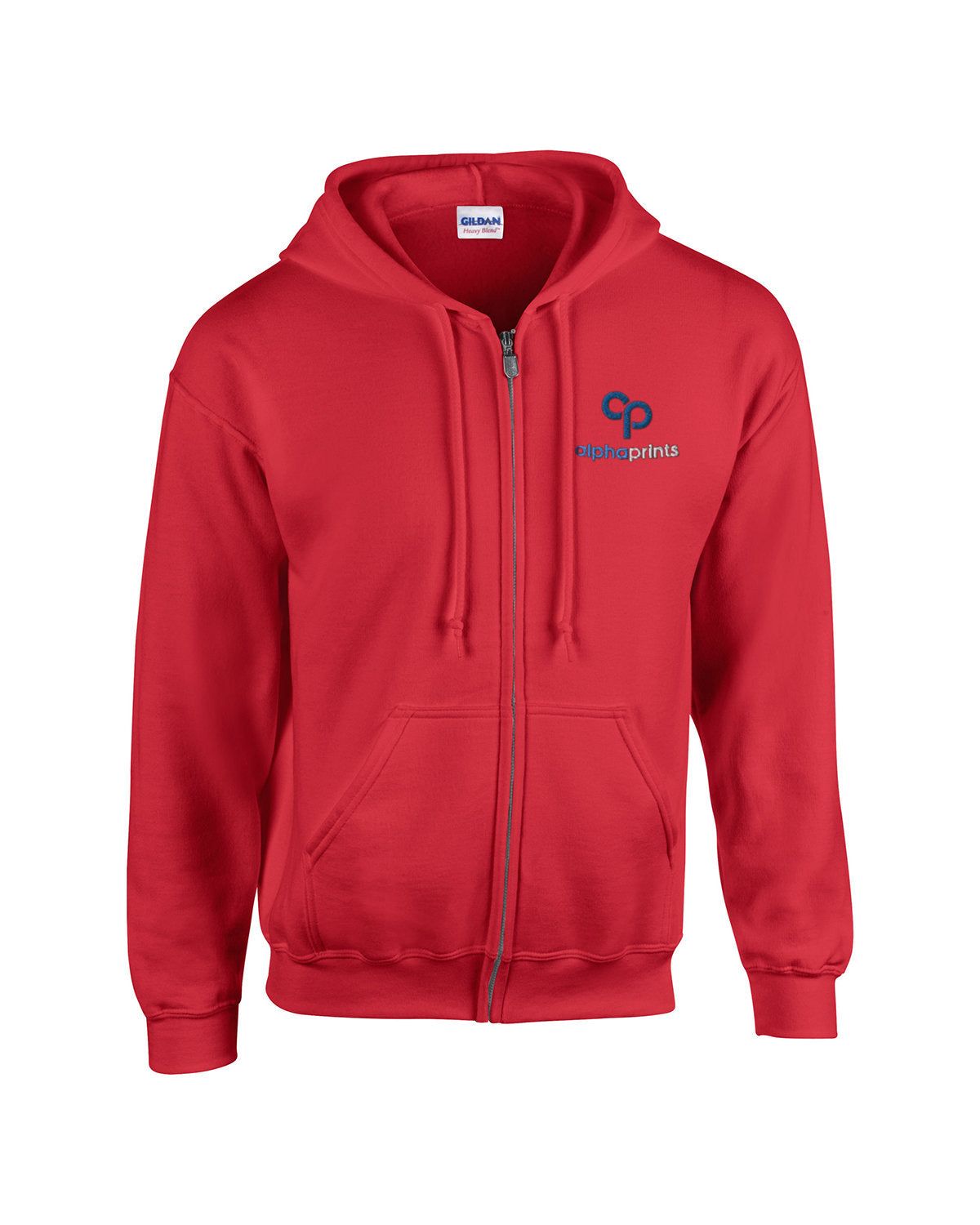 Gildan G186 Adult Heavy Blend full-zip hooded sweatshirt in Red with custom logo on left chest