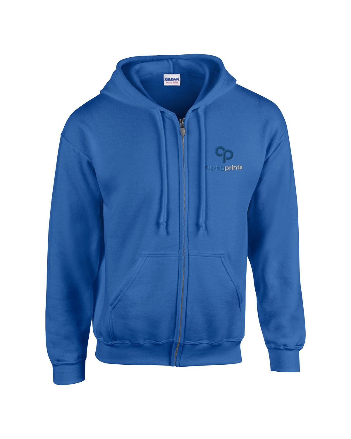 Gildan G186 Adult Heavy Blend full-zip hooded sweatshirt in Royal Blue with custom logo on left chest