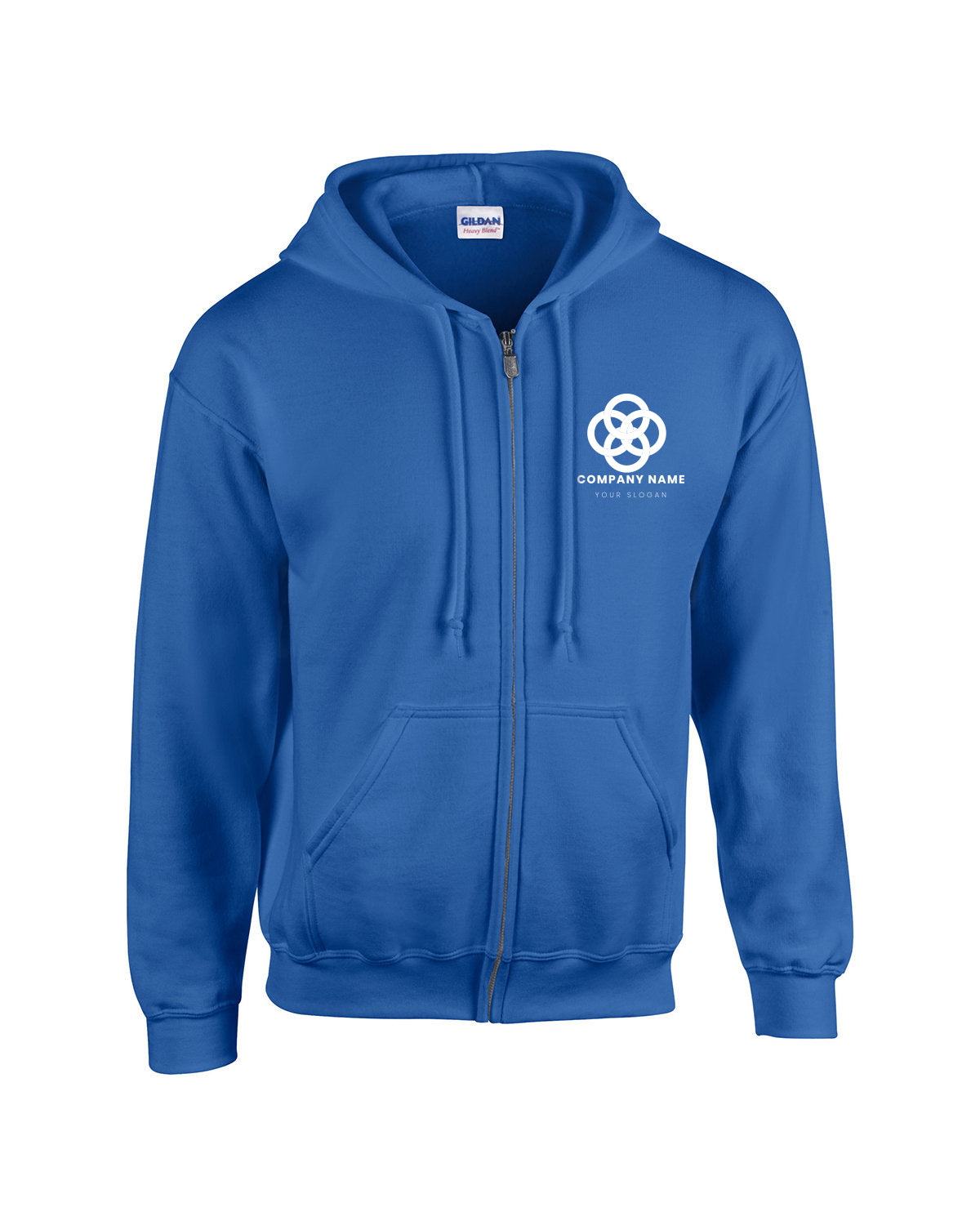 Royal blue Gildan full-zip hooded sweatshirt with front pockets and a white customized company logo on the left chest