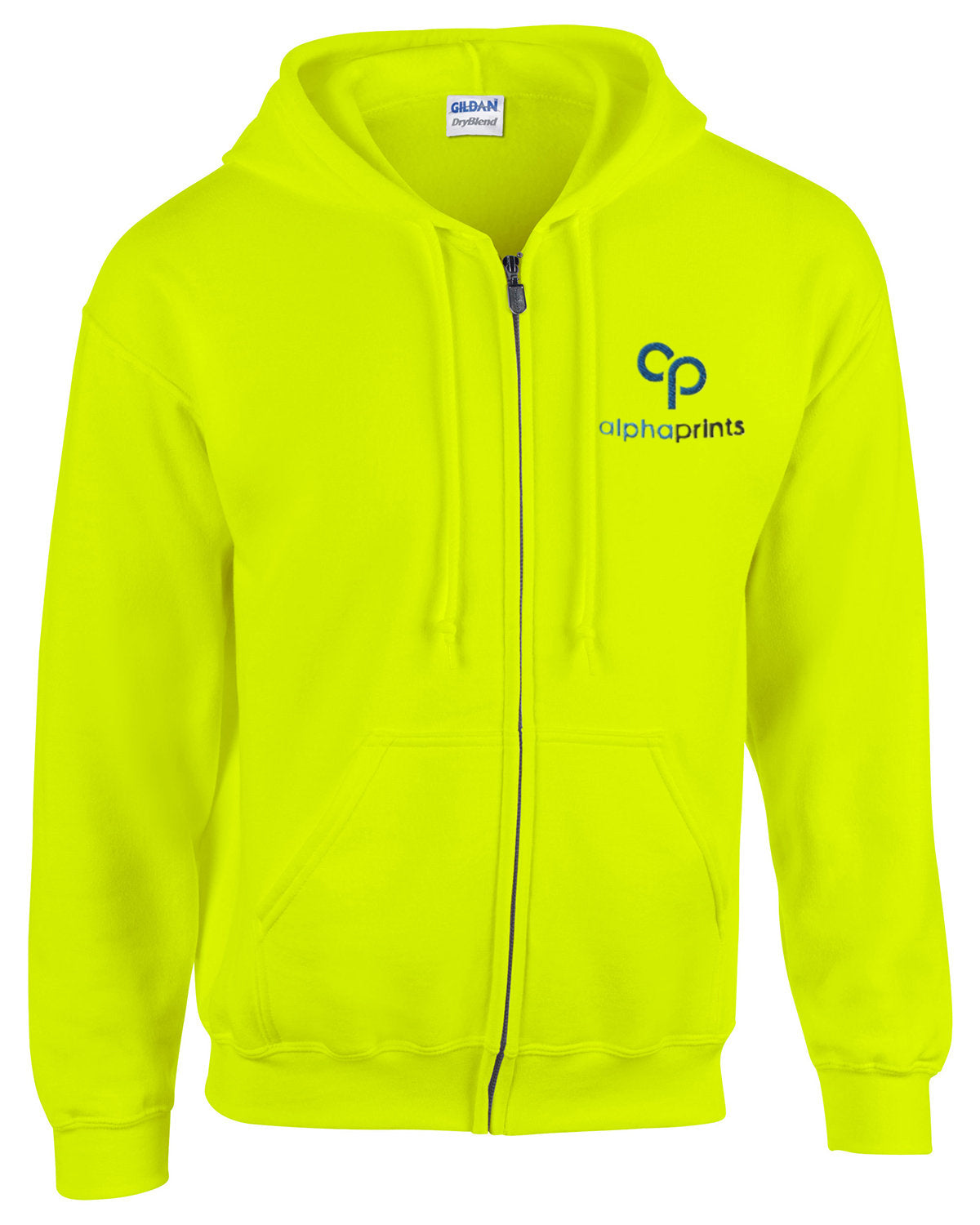 Gildan G186 Adult Heavy Blend full-zip hooded sweatshirt in Safety Green with custom logo on left chest