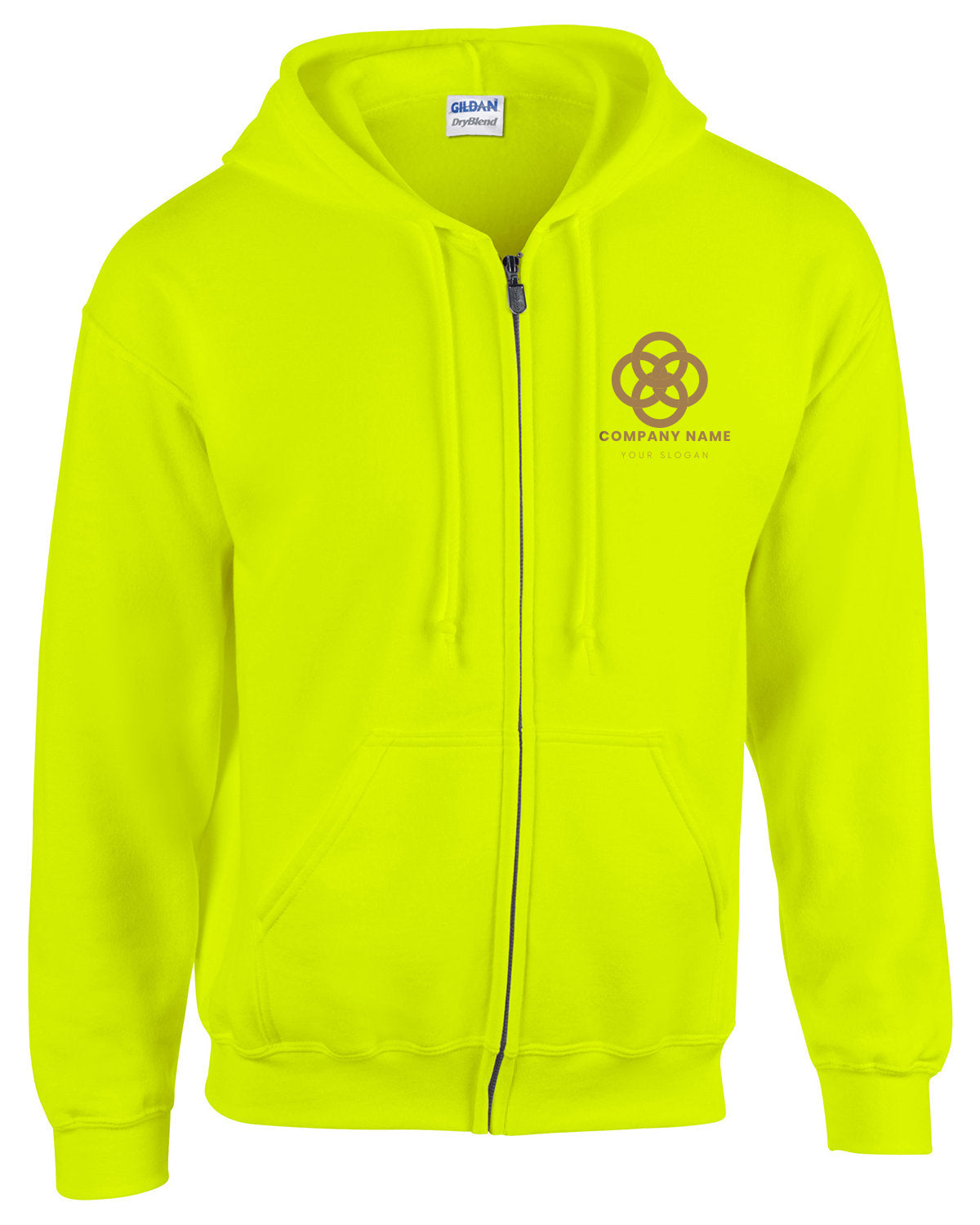 Safety green Gildan full-zip hooded sweatshirt with front pockets and a white customized company logo on the left chest