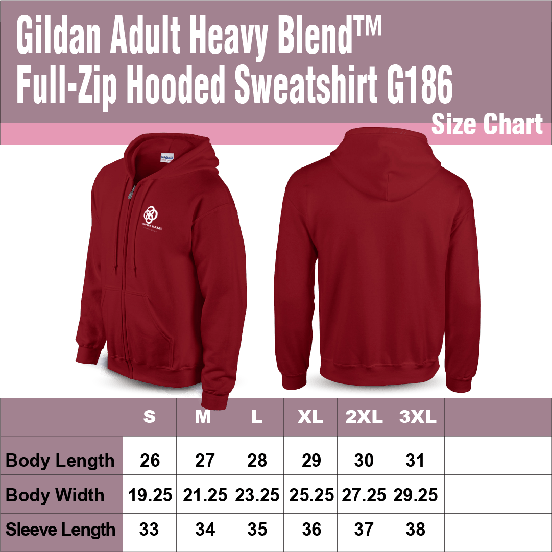 Gildan Adult Heavy Blend Full-Zip Hooded Sweatshirt G186 in red shown front and back, with size chart for S to 3XL including body length, width, and sleeve length