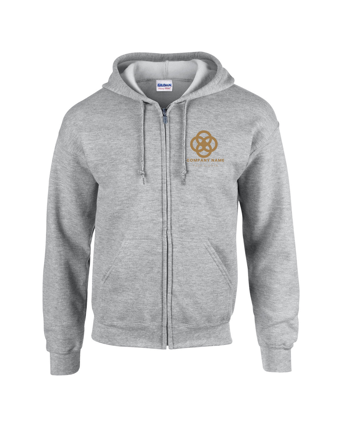 Gildan G186 Adult Heavy Blend full-zip hooded sweatshirt in Sport Grey with custom company logo on left chest
