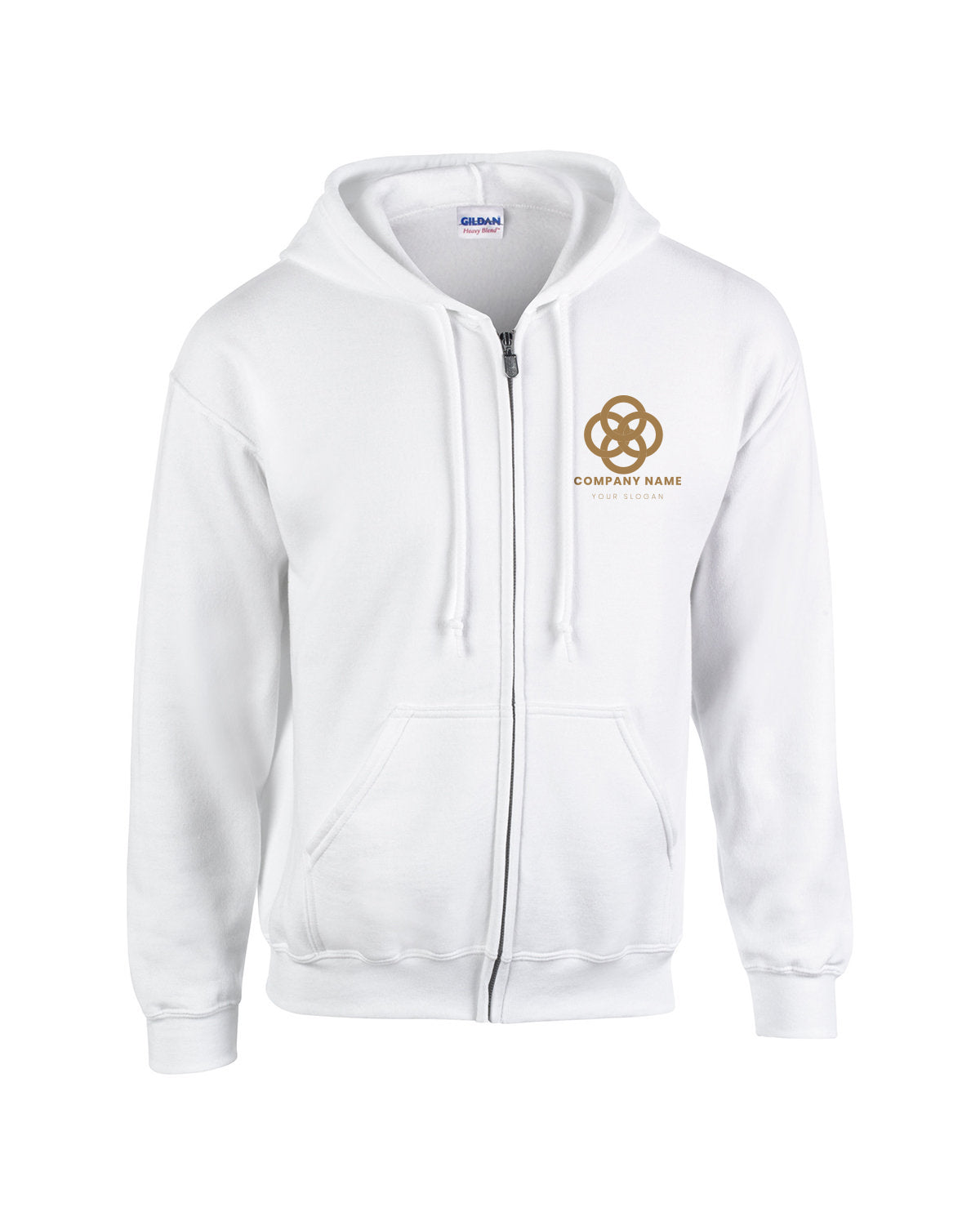 White Gildan full-zip hooded sweatshirt with front pockets and a gold customized company logo on the left chest area