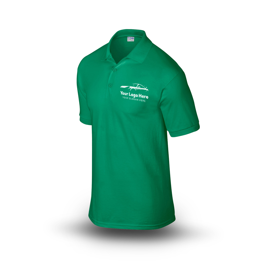 Kelly green short-sleeve polo shirt with car-themed logo on the left chest.