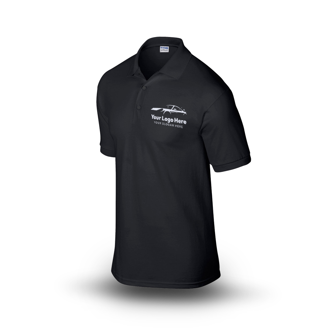 Black short-sleeve polo shirt with black car-themed logo on the left chest.