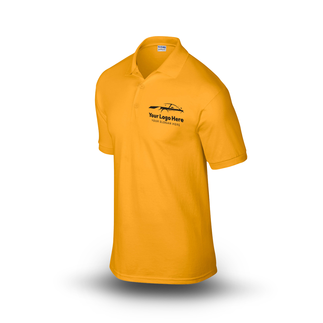 Yellow short-sleeve polo shirt with black car-themed logo on the left chest.