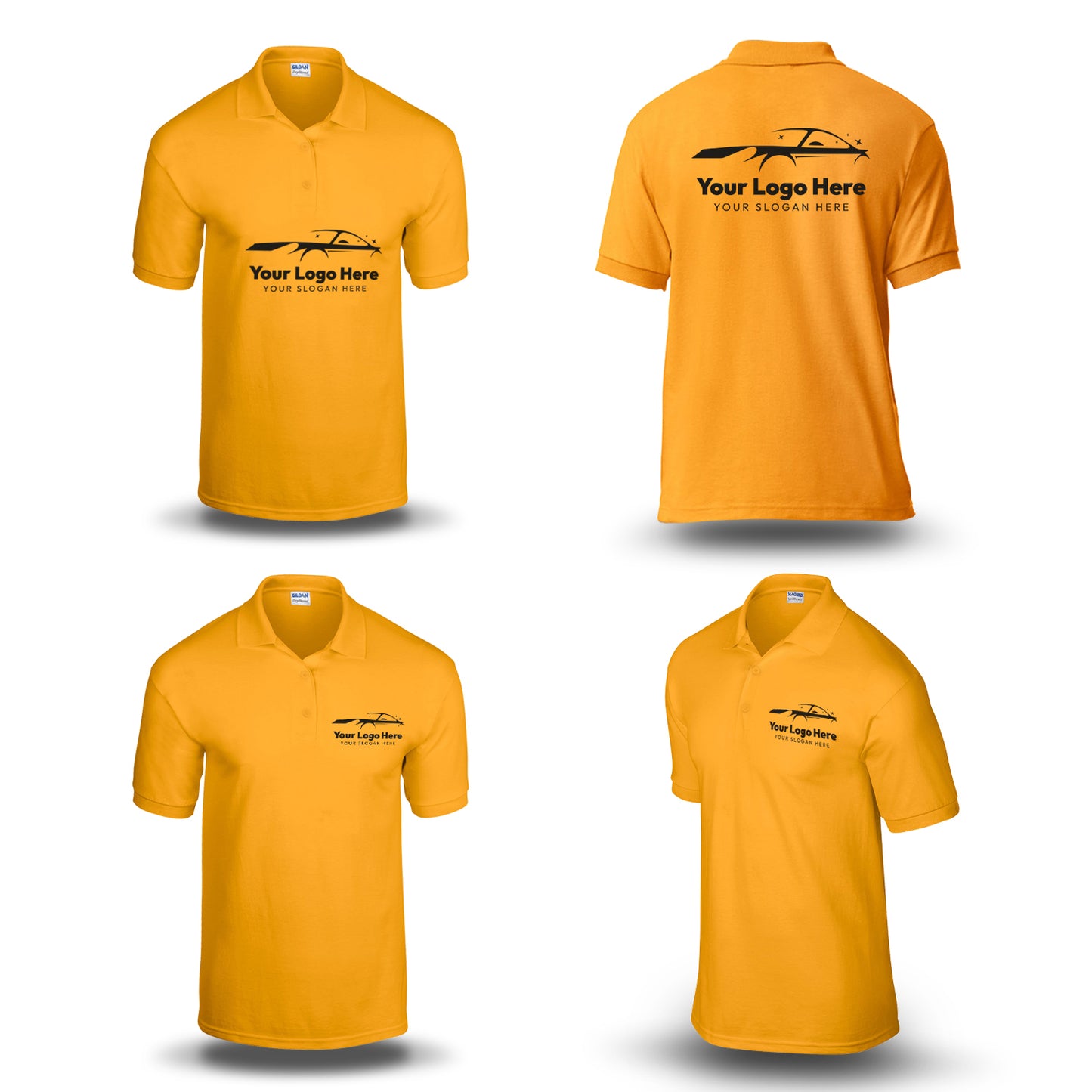 Multiple views of a yellow polo shirt featuring a black car logo and customizable text on the chest and back.
