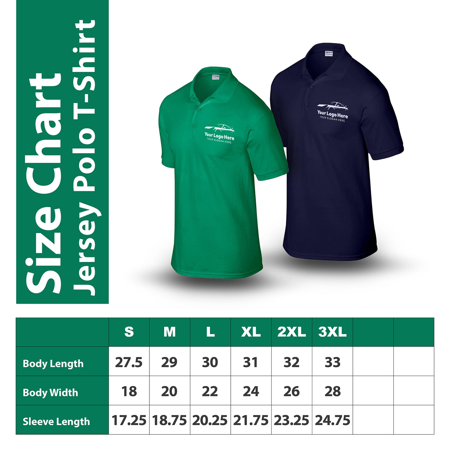 Jersey Polo T-Shirt size chart with green and navy shirt examples; measurements include body length, width, and sleeve length for sizes S to 3XL.
