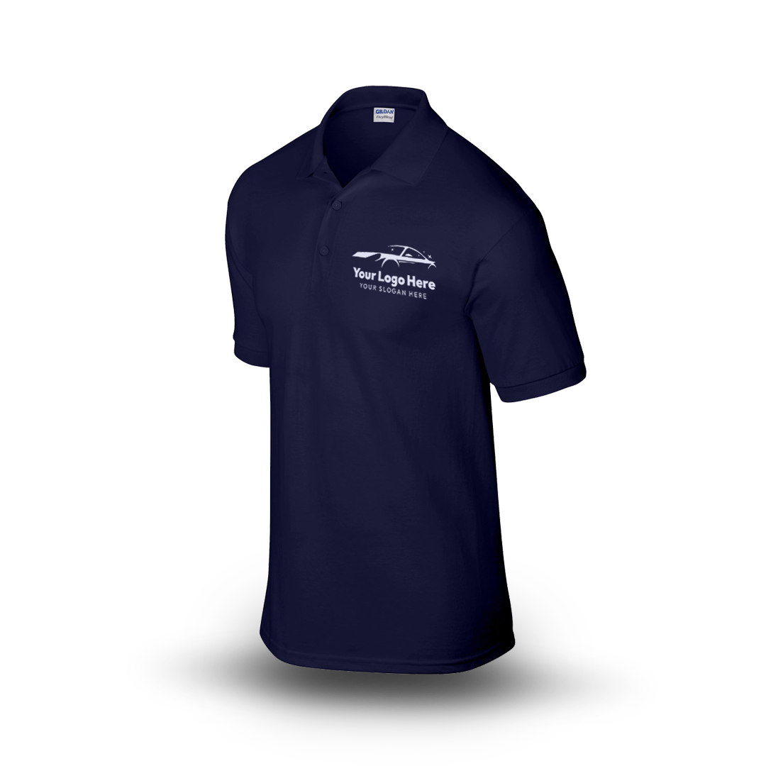 Navy short-sleeve polo shirt with car-themed logo on the left chest.