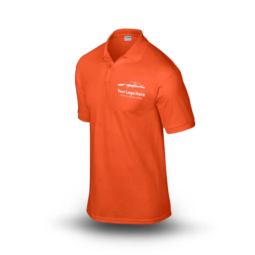 Orange short-sleeve polo shirt with car-themed logo on the left chest.