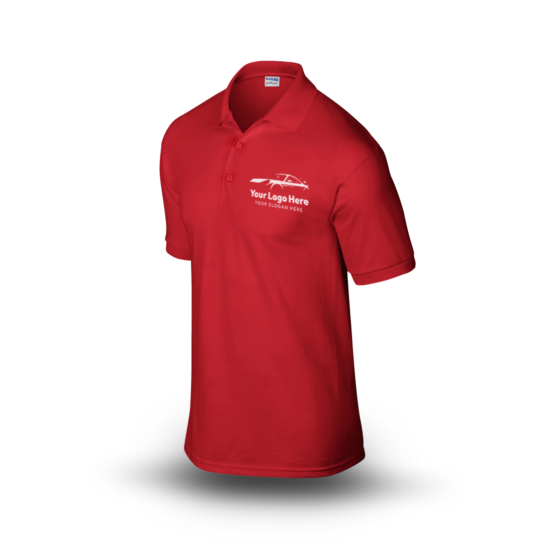 Red short-sleeve polo shirt with car-themed logo on the left chest.
