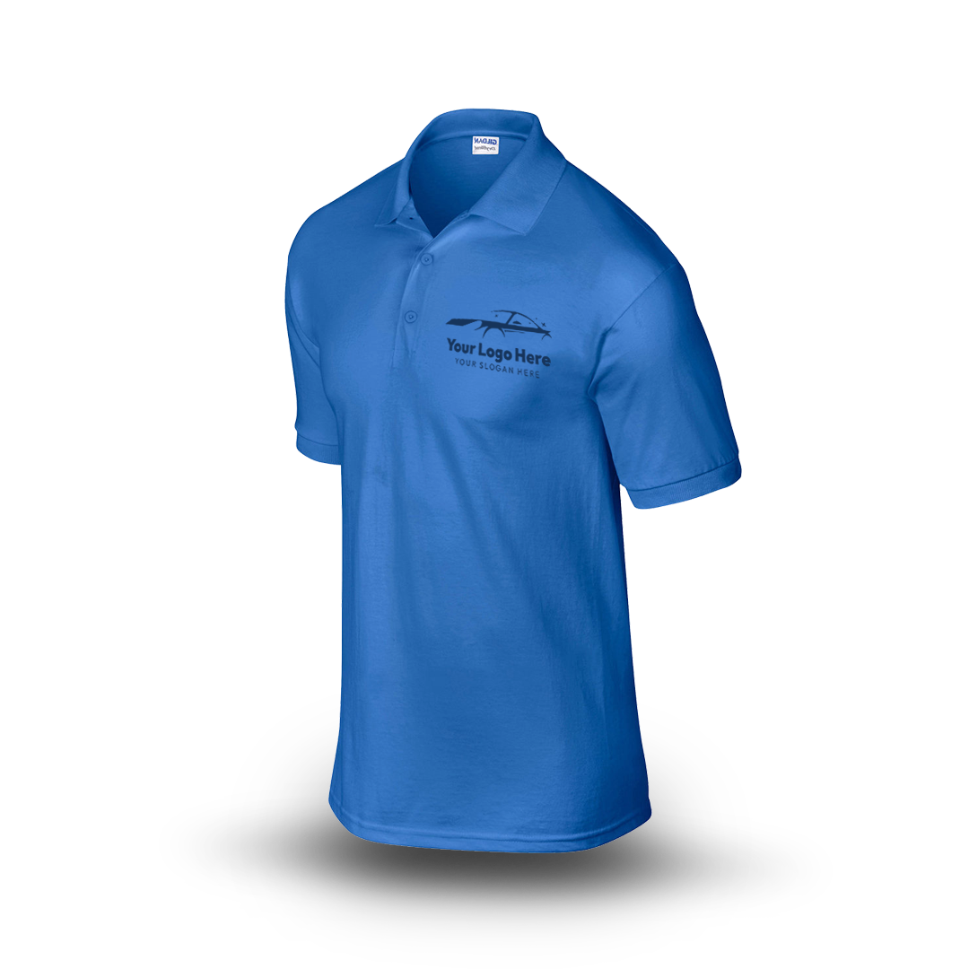 Royal blue short-sleeve polo shirt with car-themed logo on the left chest.