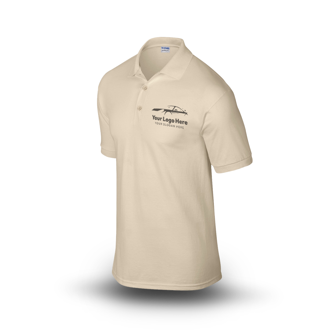 Sand short-sleeve polo shirt with car-themed logo on the left chest.