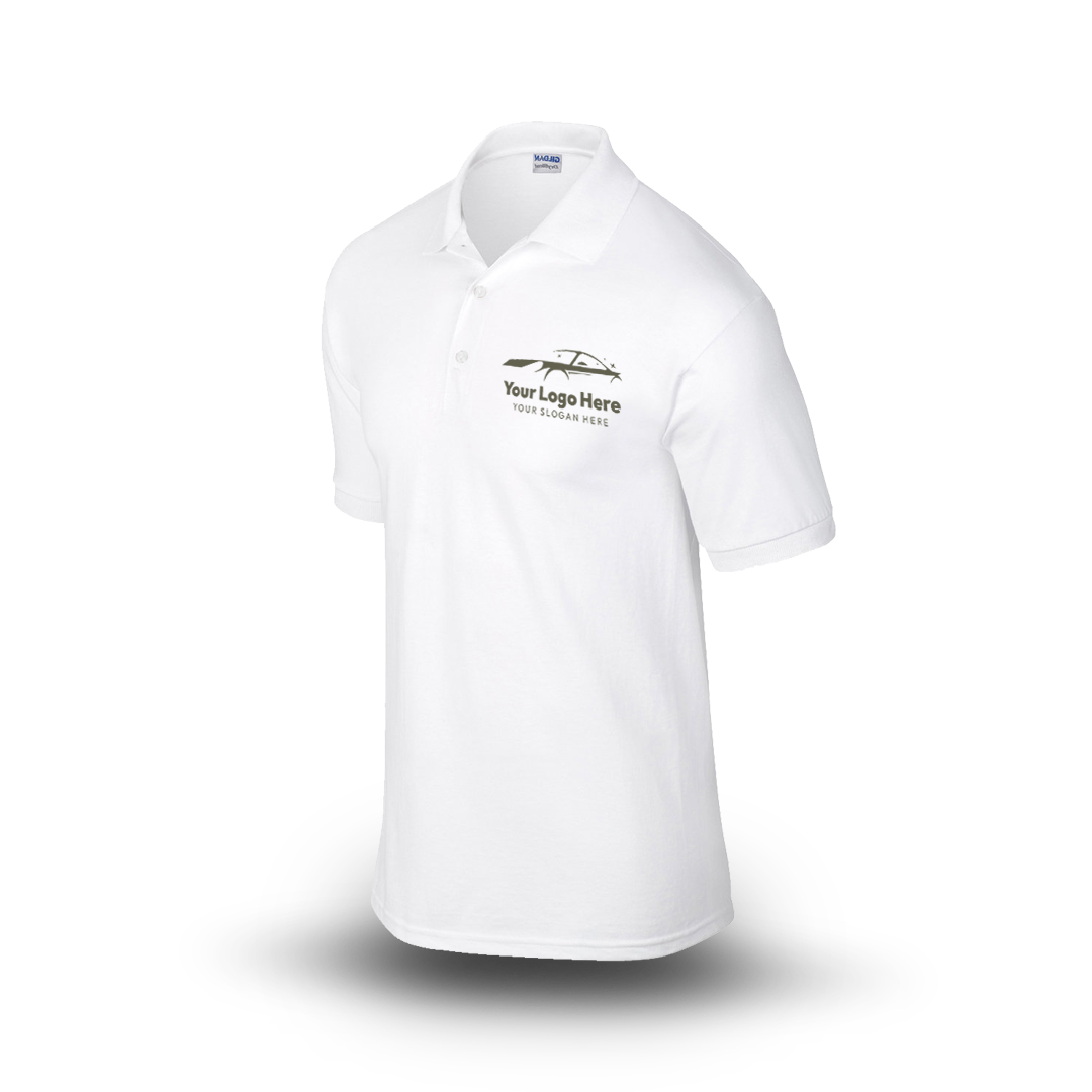White short-sleeve polo shirt with car-themed logo on the left chest.