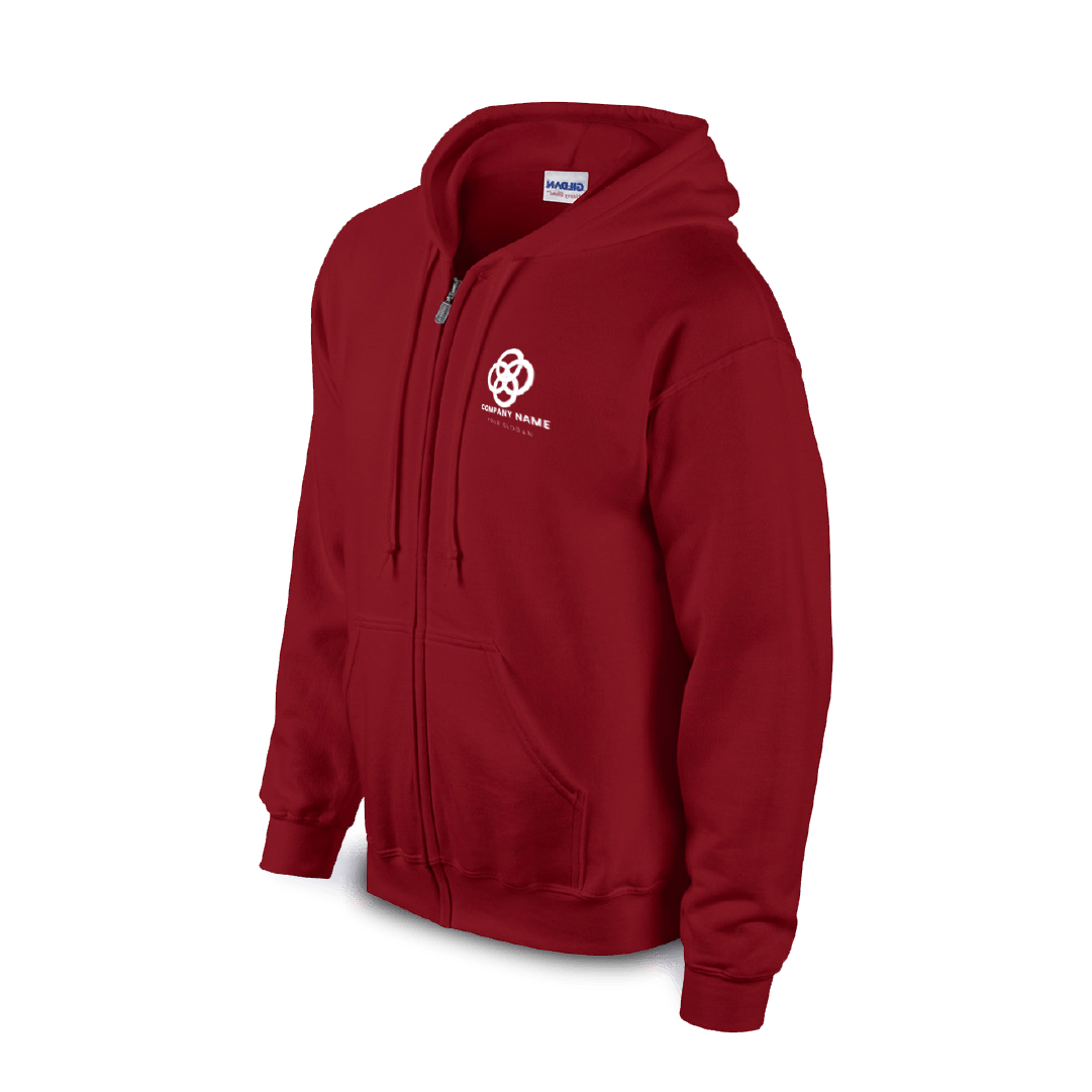 Gildan Adult Heavy Blend full-zip hooded sweatshirt G186 in red with custom logo on left chest