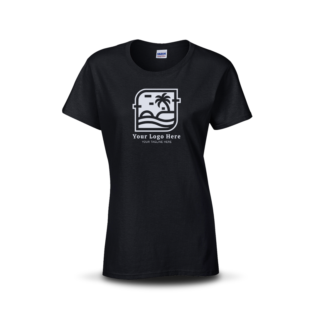 Black women’s T-shirt with custom beach-themed logo and text on the front.