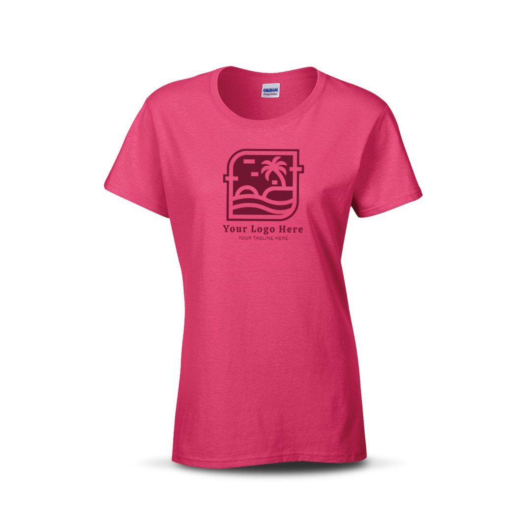 Heliconia women’s T-shirt with custom beach-themed logo and text on the front.