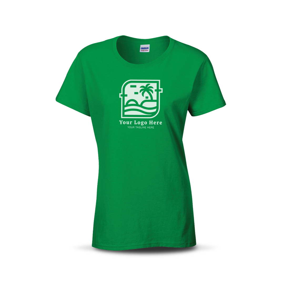 Irish green women’s T-shirt with custom beach-themed logo and text on the front.