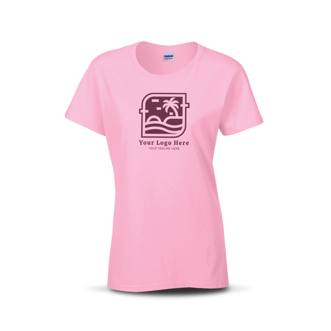 Light pink women’s T-shirt with custom beach-themed logo and text on the front.