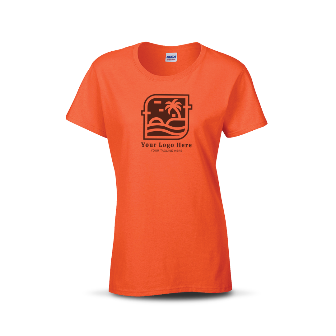 Orange women’s T-shirt with custom beach-themed logo and text on the front.