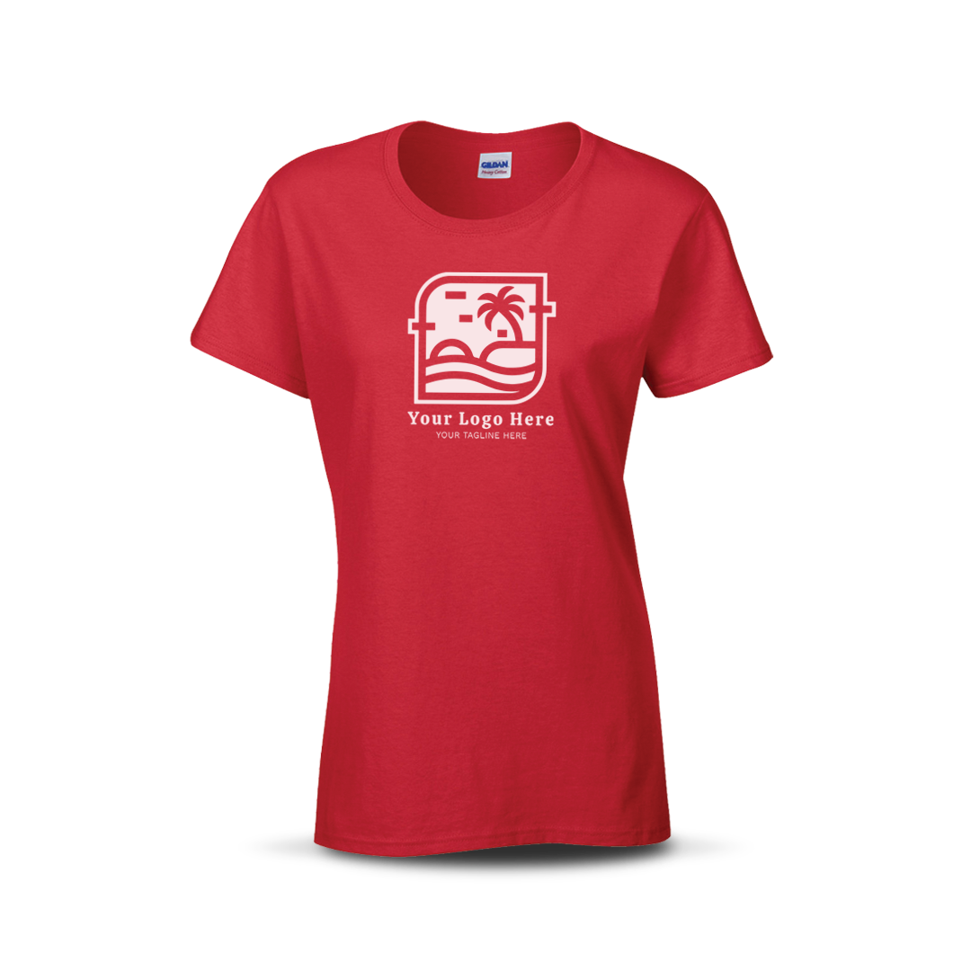 Red women’s T-shirt with custom beach-themed logo and text on the front.