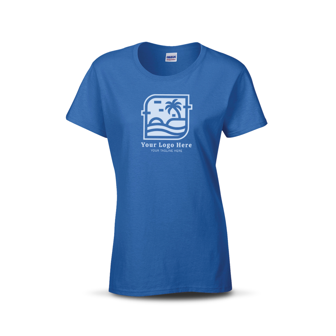 Royal blue women’s T-shirt with custom beach-themed logo and text on the front.