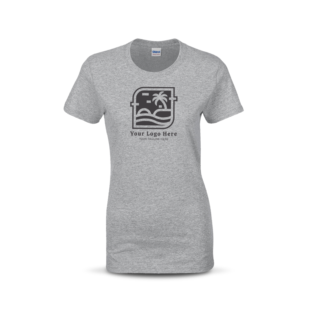 Sport grey women’s T-shirt with custom beach-themed logo and text on the front.