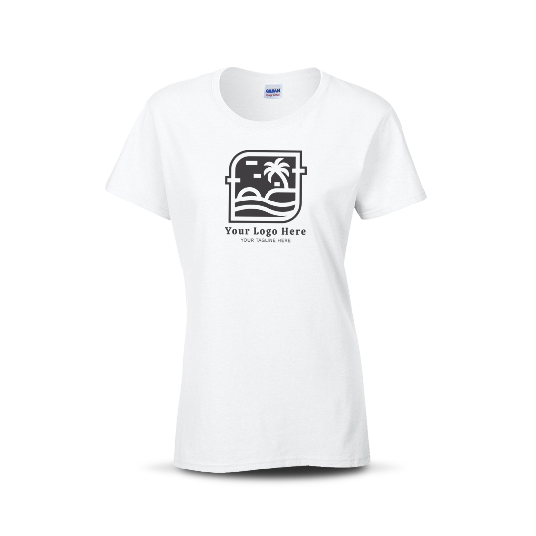 White women’s T-shirt with custom beach-themed logo and text on the front.