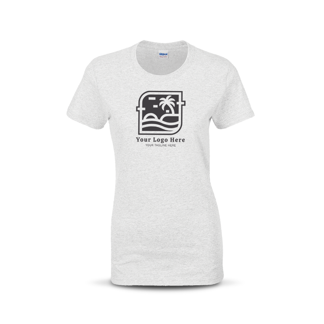 Ash grey women’s T-shirt with custom beach-themed logo and text on the front.