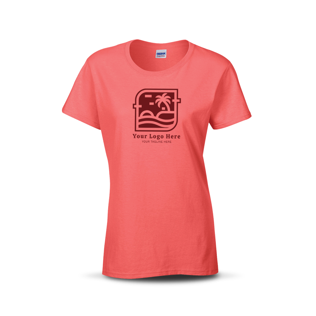 Coral pink women’s T-shirt with custom beach-themed logo and text on the front.