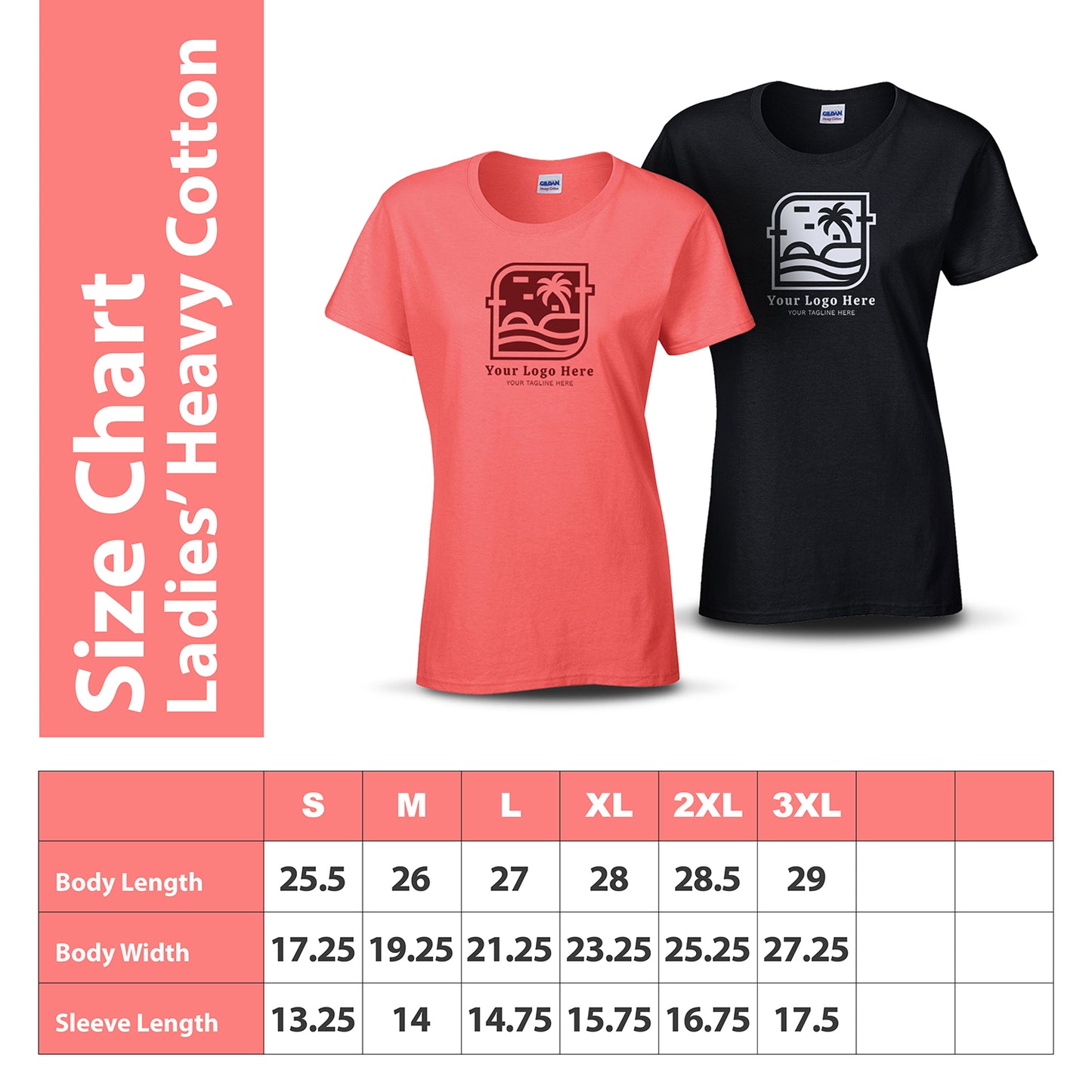 Ladies’ Heavy Cotton T-Shirt size chart with coral and black shirt mockups displaying a custom logo. Chart includes body length, body width, and sleeve length for sizes S to 3XL.