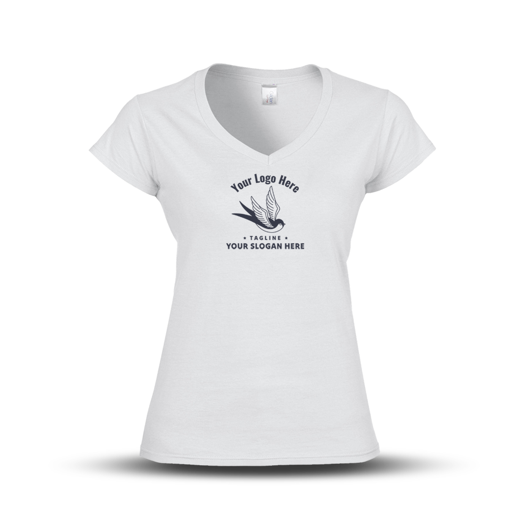 White V-neck women's T-shirt with a swallow logo and customizable slogan text.