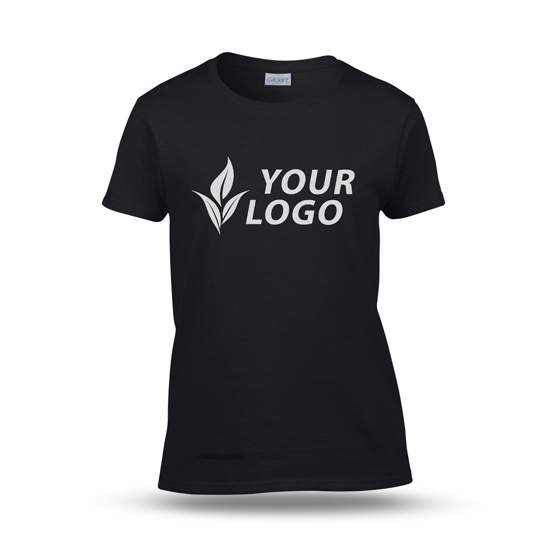 Women's fitted black T-shirt with short sleeves and a custom "YOUR LOGO" design printed on the front.