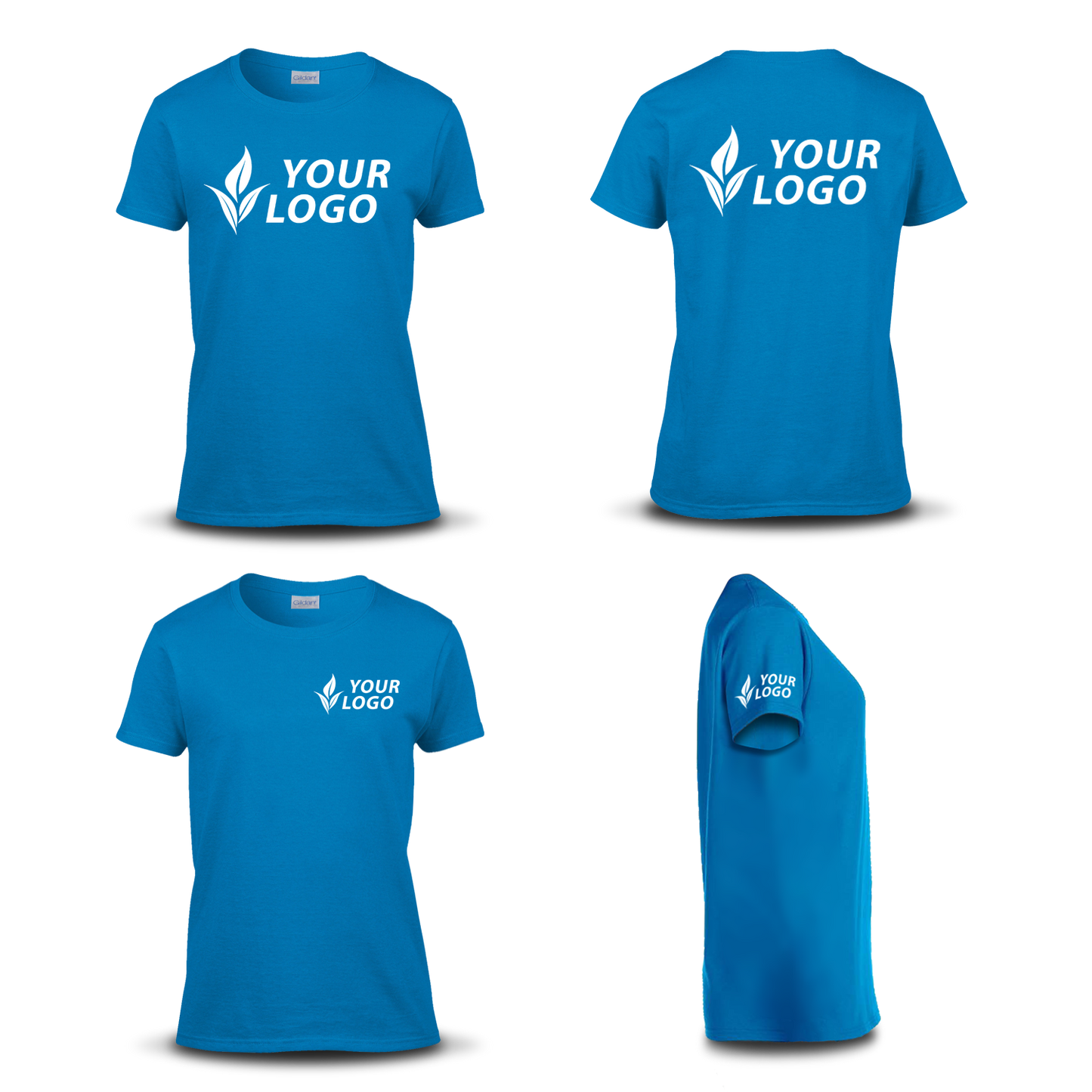Women's fitted blue T-shirt shown from four angles—front, back, side, and angled view—with custom "YOUR LOGO" placement on the chest, back, and sleeve.
