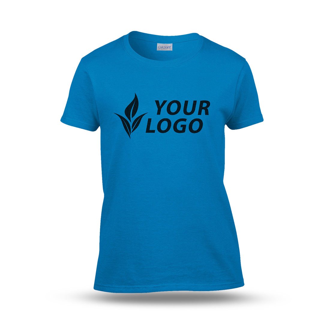 Women's fitted blue T-shirt with short sleeves and a custom "YOUR LOGO" design printed on the front.