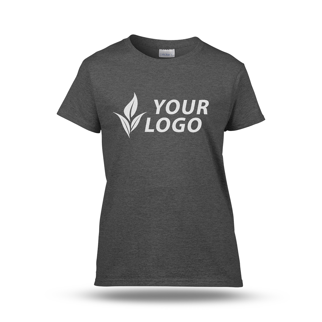 Women's fitted dark heather T-shirt with short sleeves and a custom "YOUR LOGO" design printed on the front.