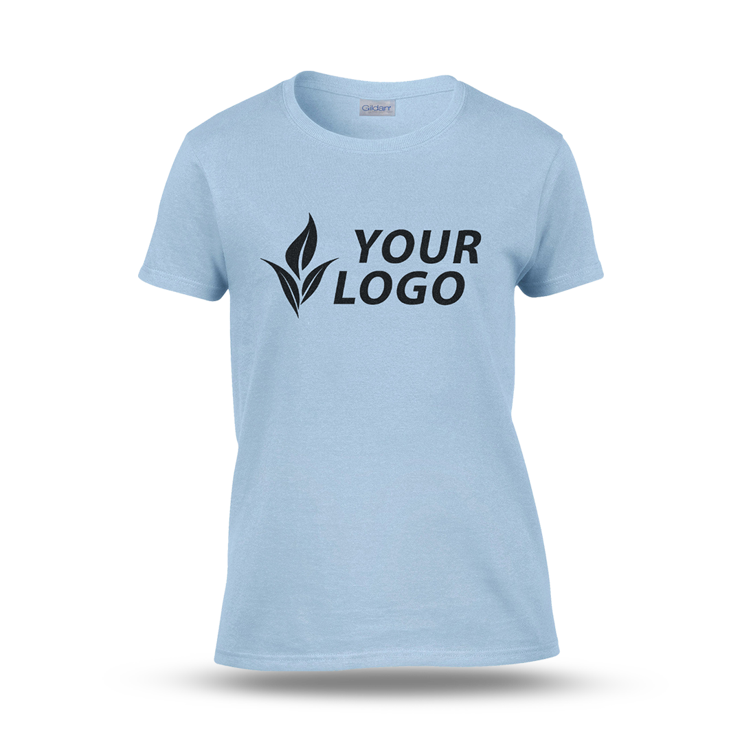 Women's fitted light blue T-shirt with short sleeves and a custom "YOUR LOGO" design printed on the front.