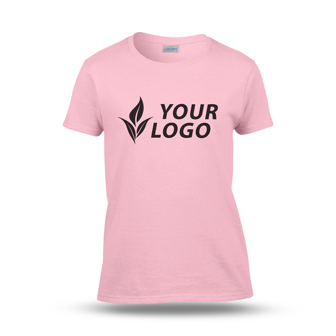 Women's fitted light pink T-shirt with short sleeves and a custom "YOUR LOGO" design printed on the front.