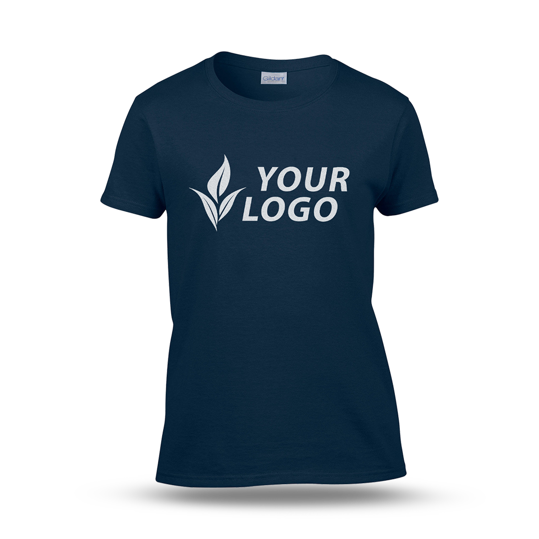 Women's fitted navy T-shirt with short sleeves and a custom "YOUR LOGO" design printed on the front.