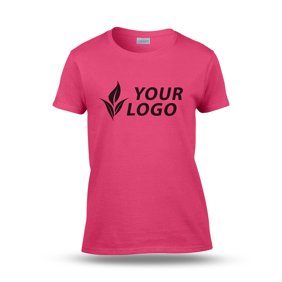 Women's fitted heliconia T-shirt with short sleeves and a custom "YOUR LOGO" design printed on the front.