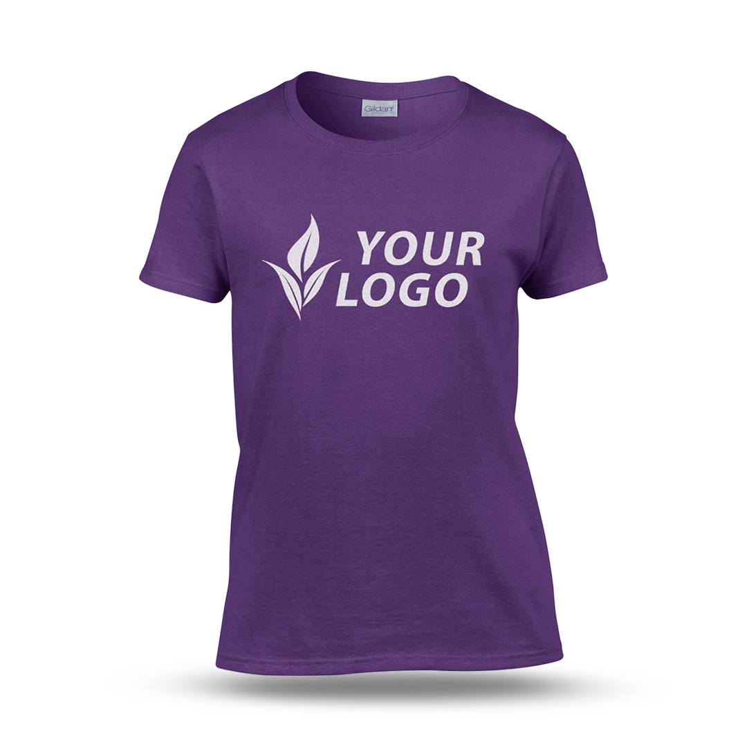 Women's fitted purple T-shirt with short sleeves and a custom "YOUR LOGO" design printed on the front.