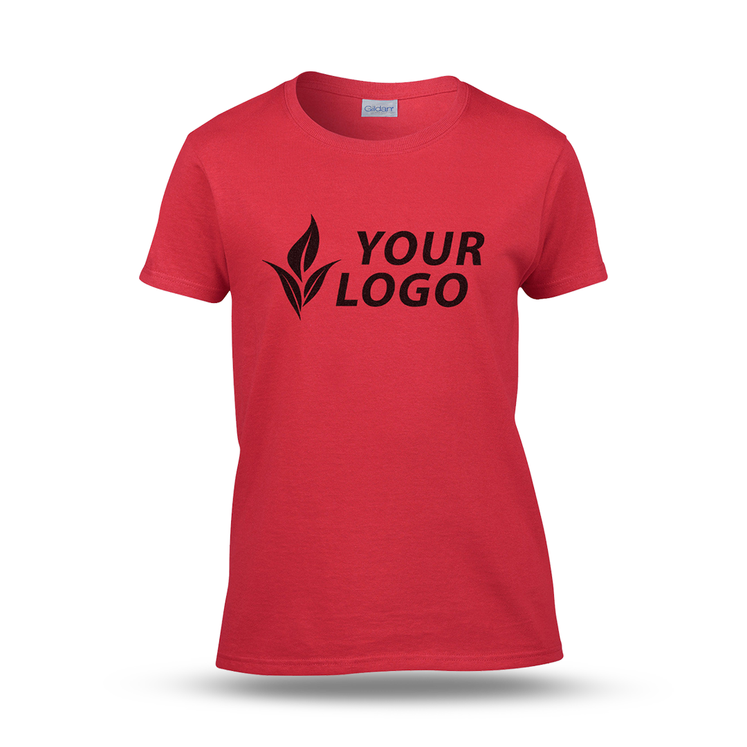 Women's fitted red T-shirt with short sleeves and a custom "YOUR LOGO" design printed on the front.