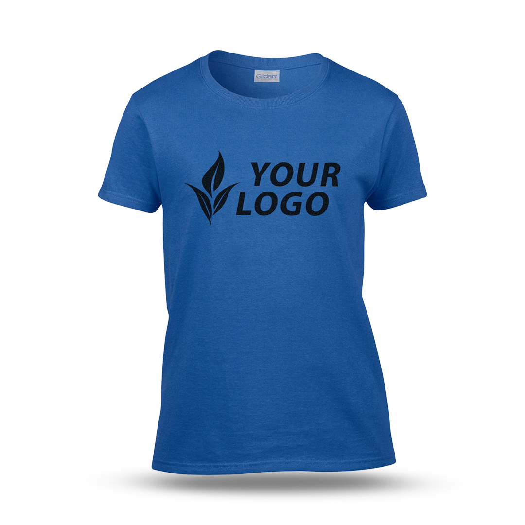Women's fitted royal blue T-shirt with short sleeves and a custom "YOUR LOGO" design printed on the front.