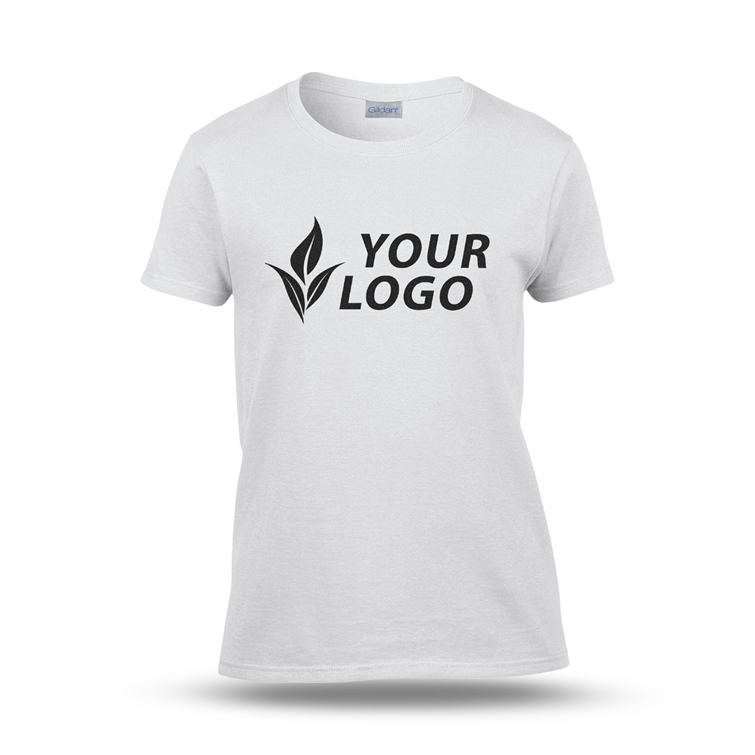 Women's fitted white T-shirt with short sleeves and a custom "YOUR LOGO" design printed on the front.