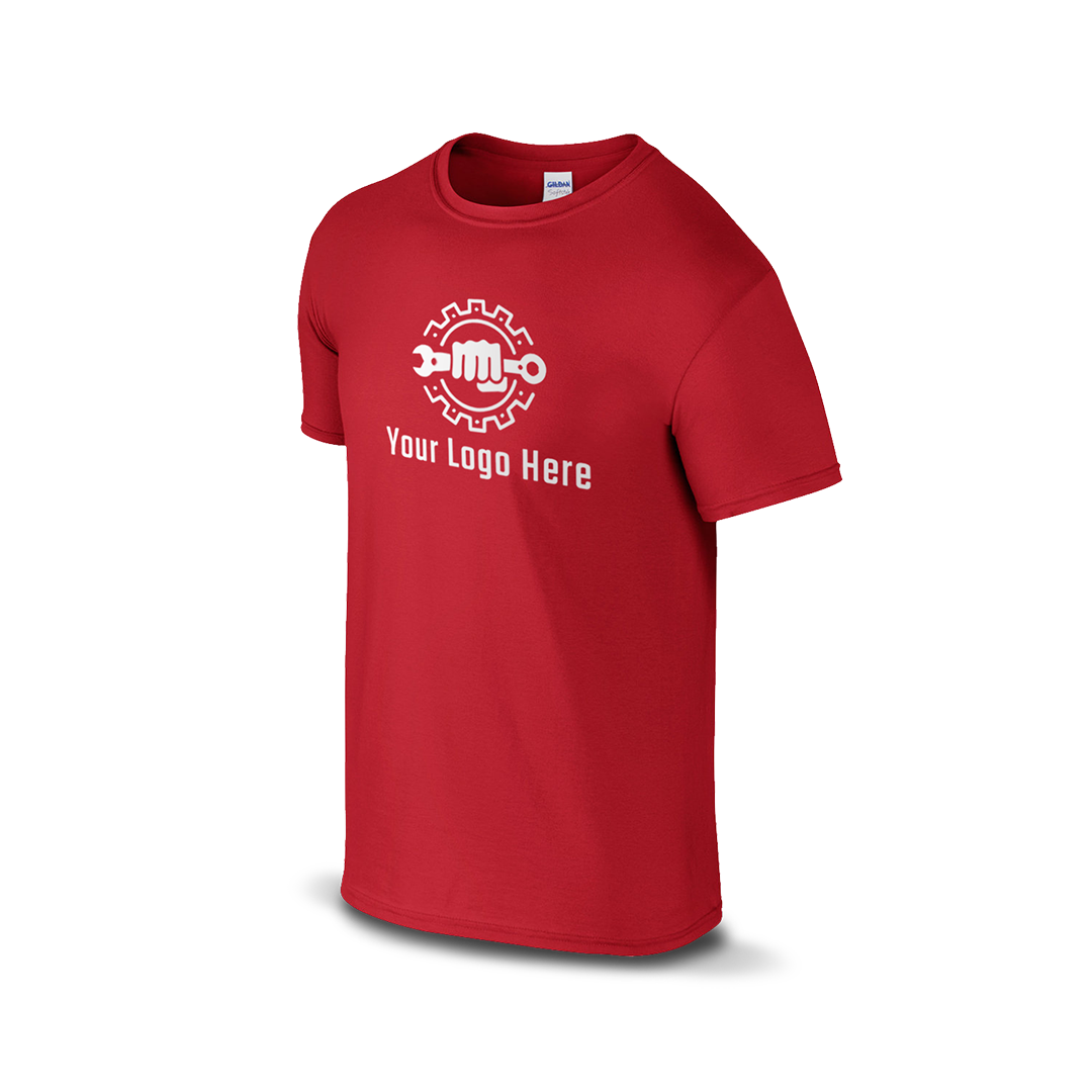 Red short-sleeve t-shirt with a white logo and customizable tagline.