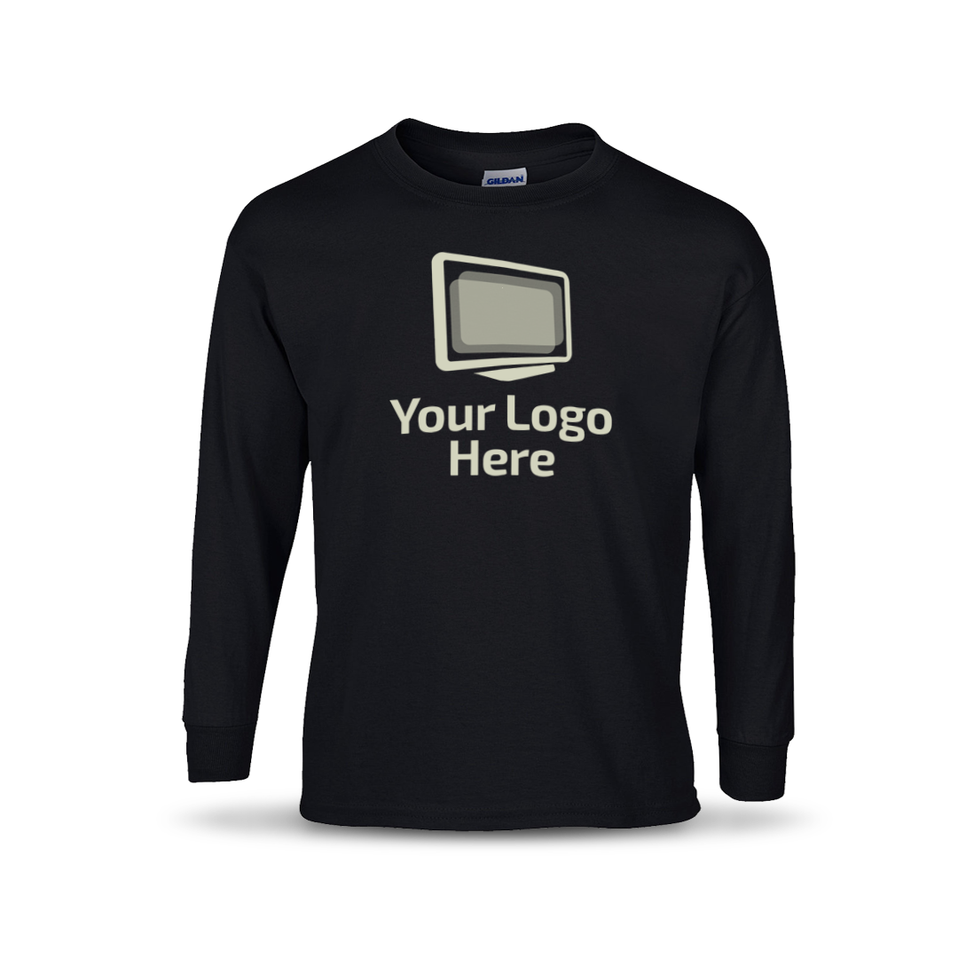 Black long sleeve crewneck T-shirt featuring a centered graphic of a computer monitor above the text “Your Logo Here.”