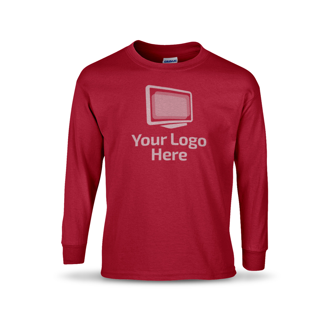 Cardinal red long sleeve crewneck T-shirt featuring a centered graphic of a computer monitor above the text “Your Logo Here.”