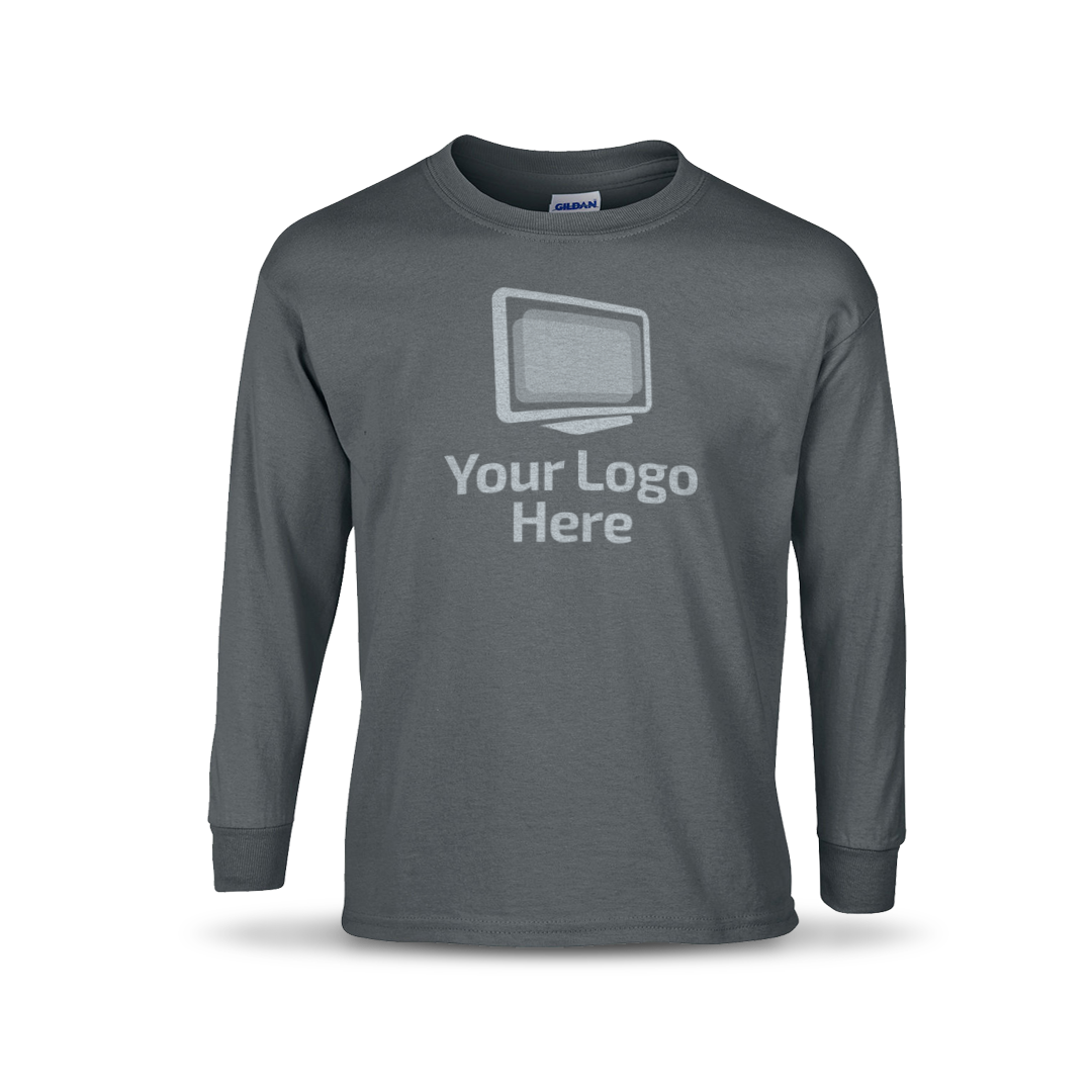 Charcoal long sleeve crewneck T-shirt featuring a centered graphic of a computer monitor above the text “Your Logo Here.”