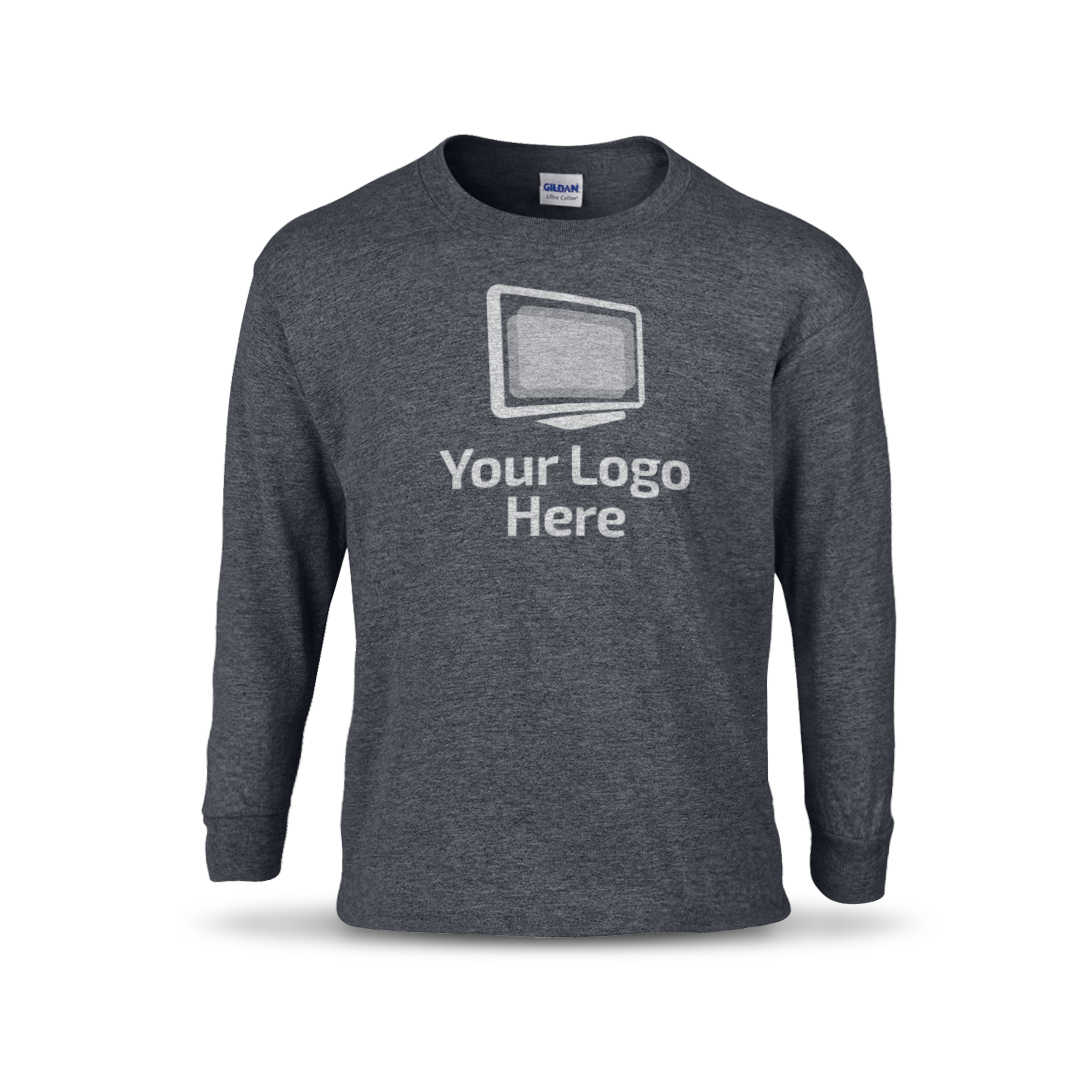 Dark heather long sleeve crewneck T-shirt featuring a centered graphic of a computer monitor above the text “Your Logo Here.”